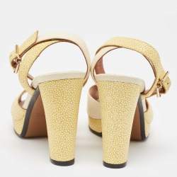 Pre Owned Fendi Cream/Yellow Stingray Embossed Leather Ankle Strap Platform Sandals Size 39