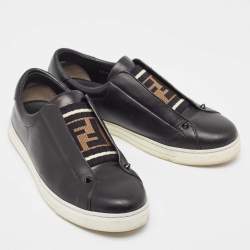 Pre Owned Fendi Black Leather Knitted Logo Rockoclick Slip-On Sneakers Size 38