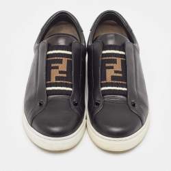Pre Owned Fendi Black Leather Knitted Logo Rockoclick Slip-On Sneakers Size 38