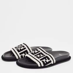 Fendi Black/White Fur FF Flat Slides Size 38.5