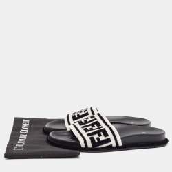 Fendi Black/White Fur FF Flat Slides Size 38.5