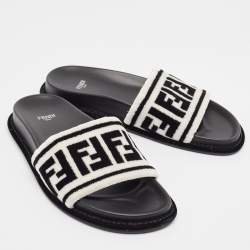 Fendi Black/White Fur FF Flat Slides Size 38.5