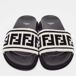 Fendi Black/White Fur FF Flat Slides Size 38.5