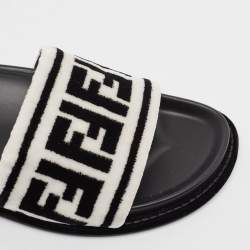 Fendi Black/White Fur FF Flat Slides Size 38.5