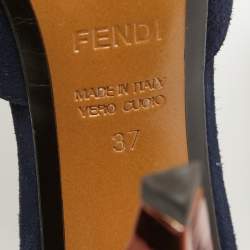 Pre Owned Fendi Navy Blue/Metallic Suede and Leather T-Bar Ankle Strap Pumps Size 37