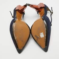 Pre Owned Fendi Navy Blue/Metallic Suede and Leather T-Bar Ankle Strap Pumps Size 37