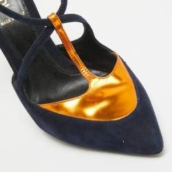 Pre Owned Fendi Navy Blue/Metallic Suede and Leather T-Bar Ankle Strap Pumps Size 37