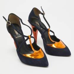 Pre Owned Fendi Navy Blue/Metallic Suede and Leather T-Bar Ankle Strap Pumps Size 37