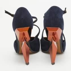 Pre Owned Fendi Navy Blue/Metallic Suede and Leather T-Bar Ankle Strap Pumps Size 37