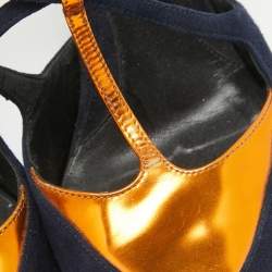 Pre Owned Fendi Navy Blue/Metallic Suede and Leather T-Bar Ankle Strap Pumps Size 37