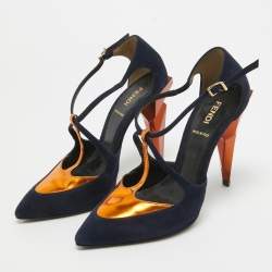 Pre Owned Fendi Navy Blue/Metallic Suede and Leather T-Bar Ankle Strap Pumps Size 37