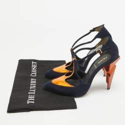 Pre Owned Fendi Navy Blue/Metallic Suede and Leather T-Bar Ankle Strap Pumps Size 37