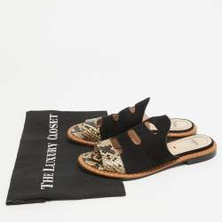 Pre Owned Fendi Black Suede And Python Cut Out Flat Slides Size 36