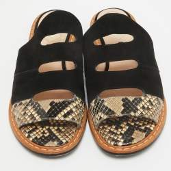 Pre Owned Fendi Black Suede And Python Cut Out Flat Slides Size 36