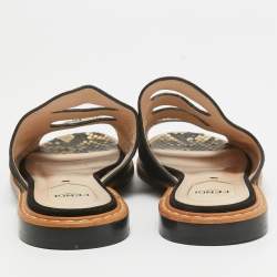 Pre Owned Fendi Black Suede And Python Cut Out Flat Slides Size 36