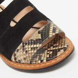 Pre Owned Fendi Black Suede And Python Cut Out Flat Slides Size 36