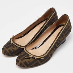 Fendi Brown Zucca Canvas and Leather Bow Wedge Pumps Size 38