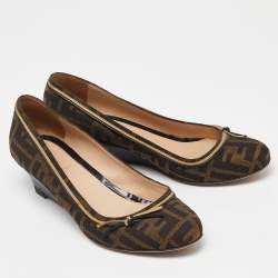 Fendi Brown Zucca Canvas and Leather Bow Wedge Pumps Size 38