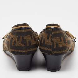 Fendi Brown Zucca Canvas and Leather Bow Wedge Pumps Size 38