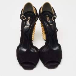 Pre Owned Fendi Black/Gold Suede And Embossed Leather Studded Heel T-Strap Sandals Size 38