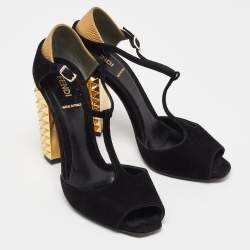 Pre Owned Fendi Black/Gold Suede And Embossed Leather Studded Heel T-Strap Sandals Size 38