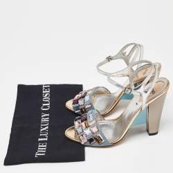 Fendi Sliver Leather and Fabric Crystals Embellished Ankle Strap Sandals Size 38