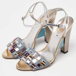 Fendi Sliver Leather and Fabric Crystals Embellished Ankle Strap Sandals Size 38