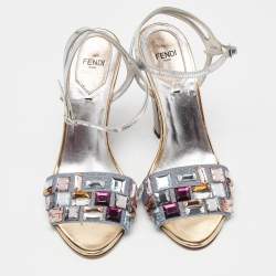 Fendi Sliver Leather and Fabric Crystals Embellished Ankle Strap Sandals Size 38