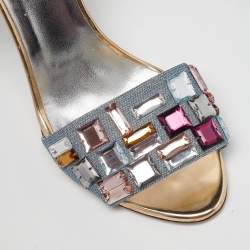 Fendi Sliver Leather and Fabric Crystals Embellished Ankle Strap Sandals Size 38
