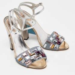 Fendi Sliver Leather and Fabric Crystals Embellished Ankle Strap Sandals Size 38