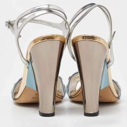Fendi Sliver Leather and Fabric Crystals Embellished Ankle Strap Sandals Size 38