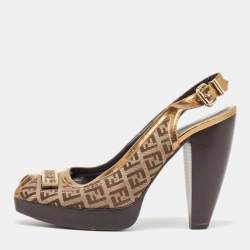 Pre Owned Fendi Gold/Beige Leather and Zucchino Canvas Peep Toe Slingback Pumps Size 40