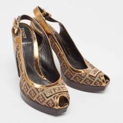 Pre Owned Fendi Gold/Beige Leather and Zucchino Canvas Peep Toe Slingback Pumps Size 40
