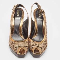 Pre Owned Fendi Gold/Beige Leather and Zucchino Canvas Peep Toe Slingback Pumps Size 40