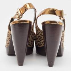 Pre Owned Fendi Gold/Beige Leather and Zucchino Canvas Peep Toe Slingback Pumps Size 40