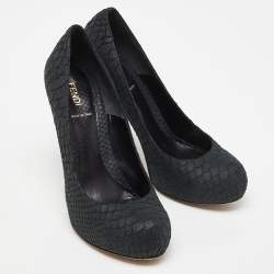 Fendi Black Python Embossed Leather FF Logo Heel Platform Pumps Size 40