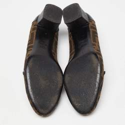Pre Owned Fendi Brown Tobacco Zucca Canvas and Lizard Embossed Leather Bow Block Heel Pumps Size 41