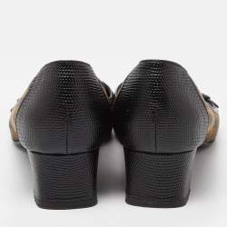 Pre Owned Fendi Brown Tobacco Zucca Canvas and Lizard Embossed Leather Bow Block Heel Pumps Size 41