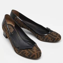 Pre Owned Fendi Brown Tobacco Zucca Canvas and Lizard Embossed Leather Bow Block Heel Pumps Size 41