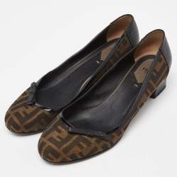 Pre Owned Fendi Brown Tobacco Zucca Canvas and Lizard Embossed Leather Bow Block Heel Pumps Size 41
