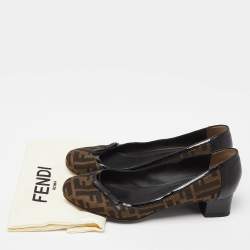 Pre Owned Fendi Brown Tobacco Zucca Canvas and Lizard Embossed Leather Bow Block Heel Pumps Size 41