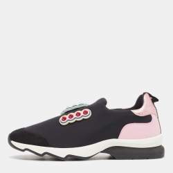 Fendi Black/Pink Fabric And Suede Fun Fair Logo Slip On Sneakers Size 36