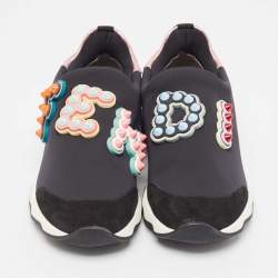 Fendi Black/Pink Fabric And Suede Fun Fair Logo Slip On Sneakers Size 36