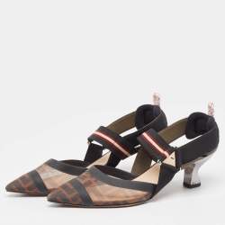 Pre Owned Fendi Black/Brown Zucca Mesh Colibri Slingback Pumps Size 37.5 