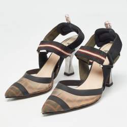 Pre Owned Fendi Brown/Black Mesh and Canvas Colibri Slingback Pumps Size 36