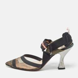 Pre Owned Fendi Brown/Black Mesh and Canvas Colibri Slingback Pumps Size 36