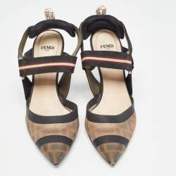 Pre Owned Fendi Brown/Black Mesh and Canvas Colibri Slingback Pumps Size 36