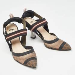 Pre Owned Fendi Brown/Black Mesh and Canvas Colibri Slingback Pumps Size 36
