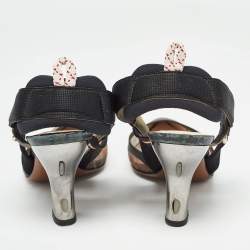 Pre Owned Fendi Brown/Black Mesh and Canvas Colibri Slingback Pumps Size 36