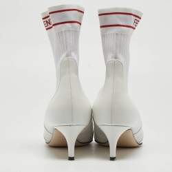 Pre Owned Fendi White Leather and Knit Fabric Kitten Heel Sock Boots Size 38